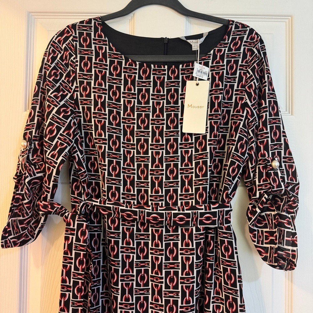 Moussy New Size 6 Shift Dress Red Black Chain Link Print Pockets 3/4 Sleeves - Picture 8 of 14